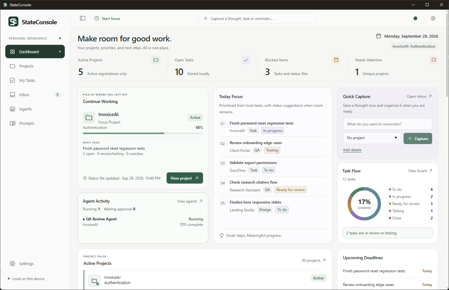 StateConsole Dashboard showing InvoiceAI focus, Continue Working, Today Focus, QA Review Agent activity, blocked and attention counts, and Project Pulse.